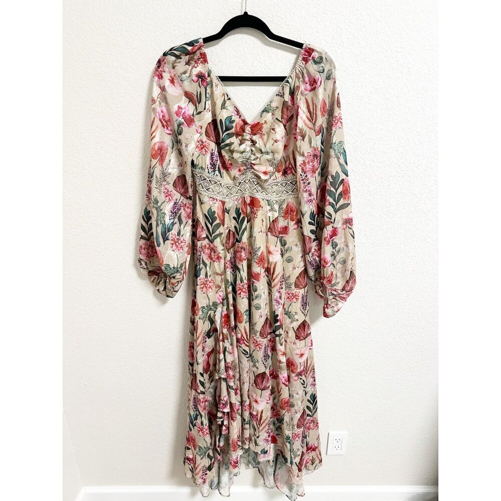 Joyfolie Floral Maxi Dress Lace Trim V Neck Ruched Front Lace Up Back Small‎